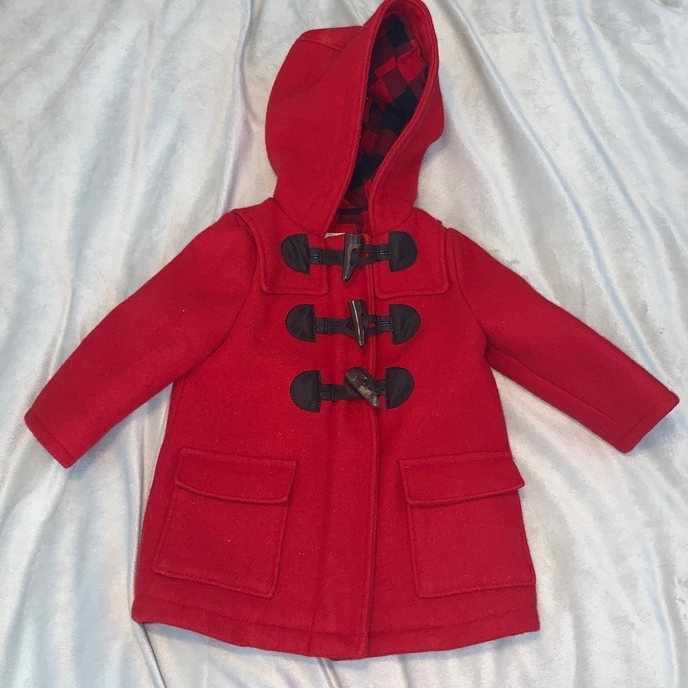 Baby GAP Red pea toggle coat Jacket hooded plaid lining wool blend 12 mo